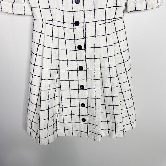 Gal Meets Glam Size 0 White Navy Blue Dawn Windowpane Dress Puff Sleeves Button - Picture 4 of 16